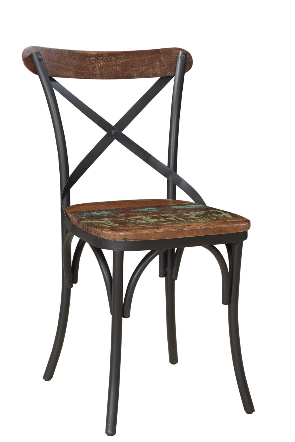 Set of Two Brown And Black Metal And Wood Cross Back Dining Side Chairs