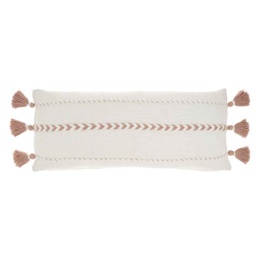 12" X 30" Pink and White Striped Cotton Lumbar Throw Pillow With Tassels-1