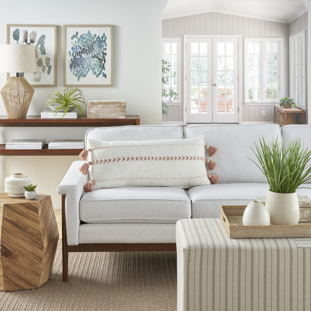 12" X 30" Pink and White Striped Cotton Lumbar Throw Pillow With Tassels-3