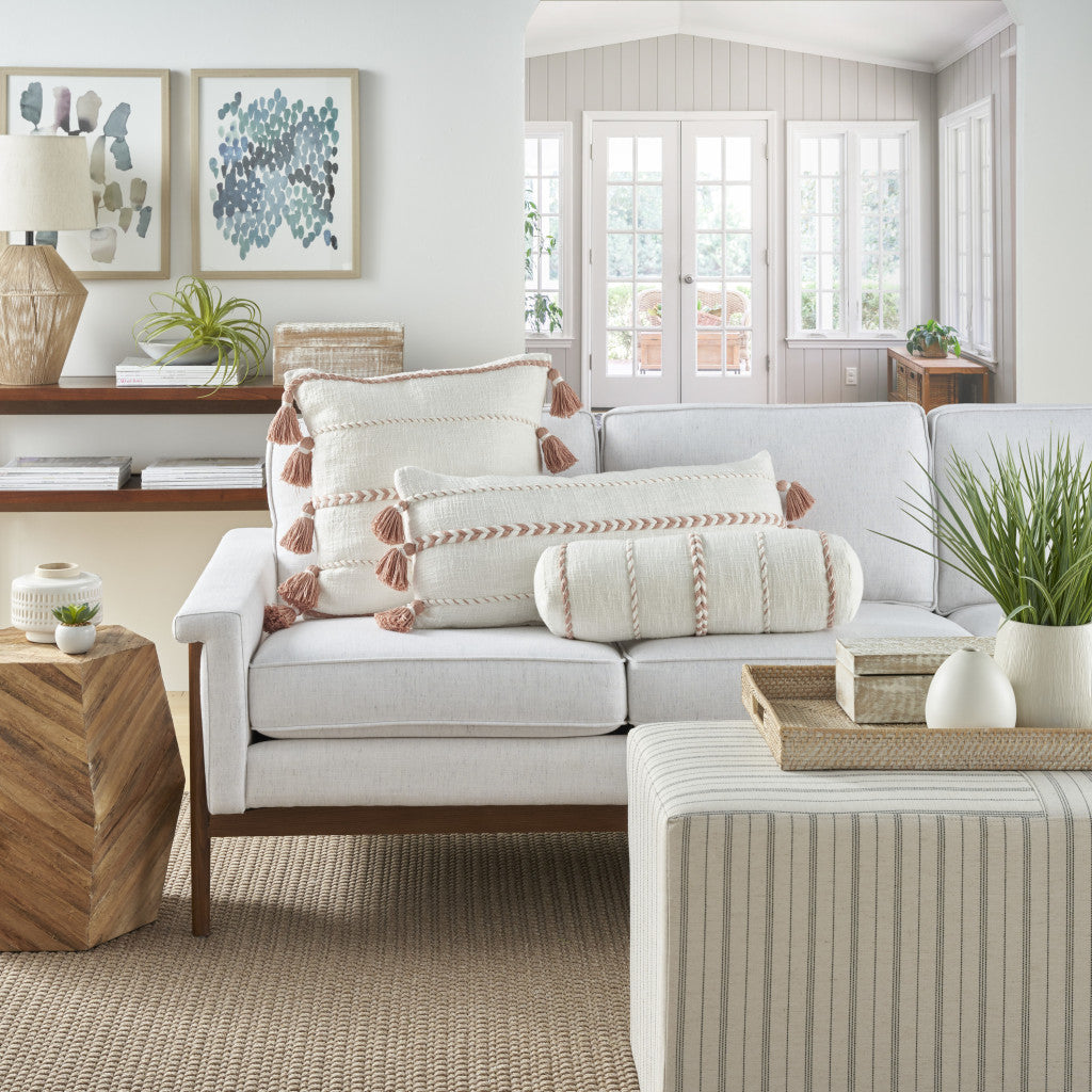 12" X 30" Pink and White Striped Cotton Lumbar Throw Pillow With Tassels-5