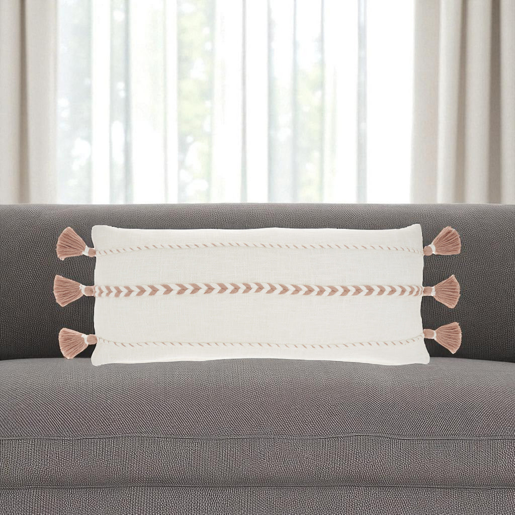 12" X 30" Pink and White Striped Cotton Lumbar Throw Pillow With Tassels-0