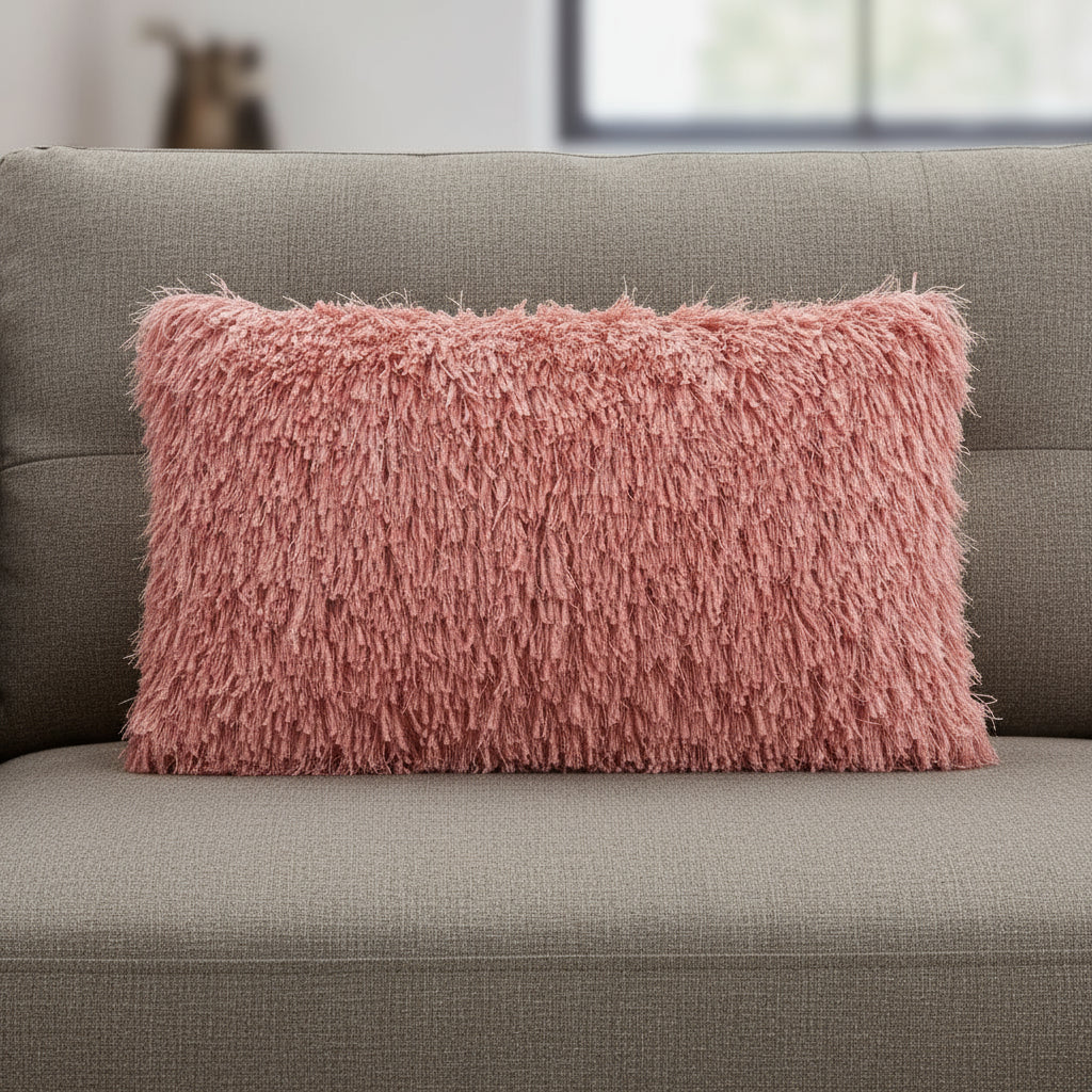 14" X 24" Coral Shag Lumbar Throw Pillow-0