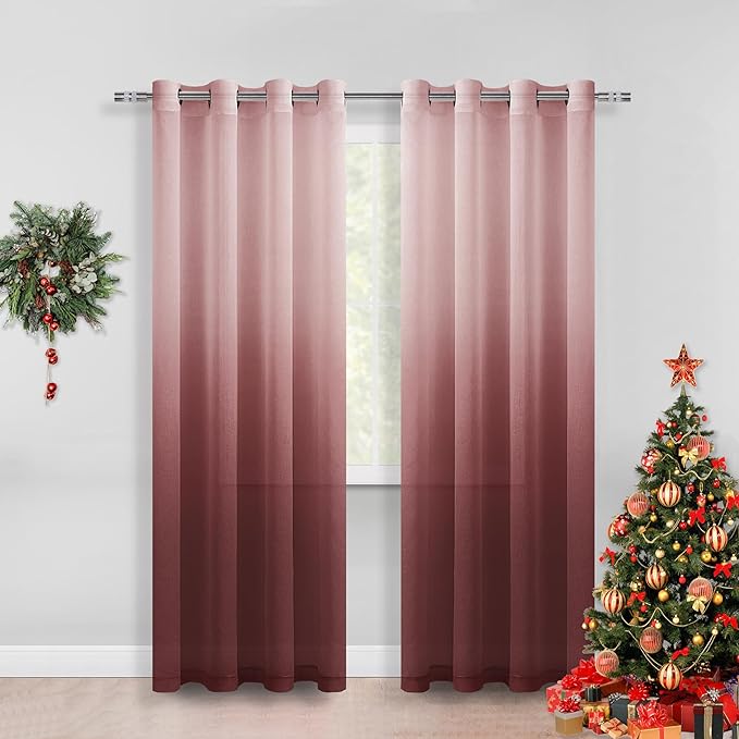 DWCN Faux Linen Ombre Sheer Curtains, Set of 2 Panels