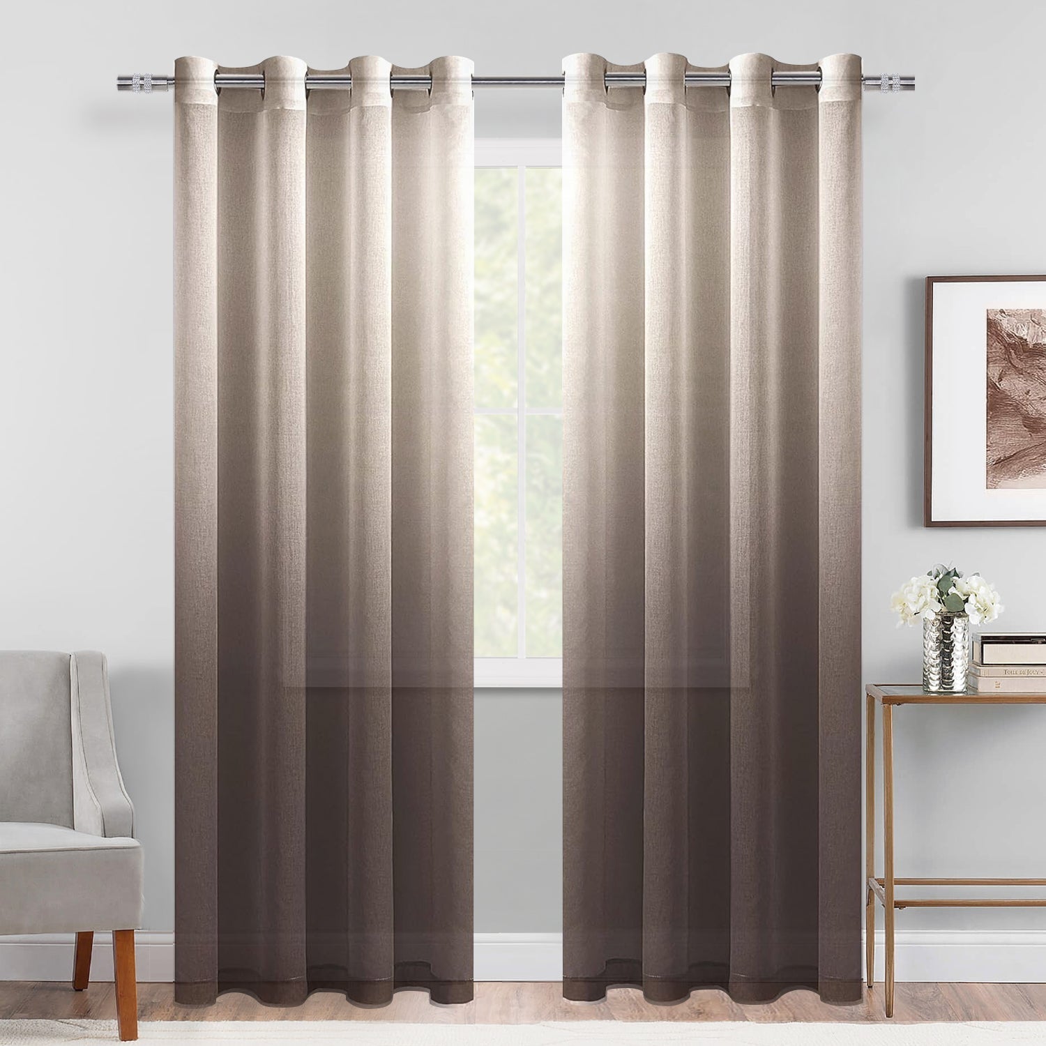 DWCN Faux Linen Ombre Sheer Curtains, Set of 2 Panels