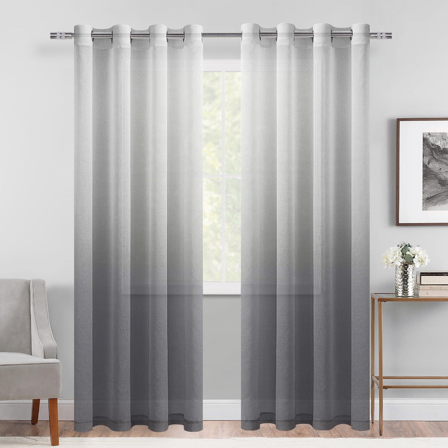 DWCN Faux Linen Ombre Sheer Curtains, Set of 2 Panels