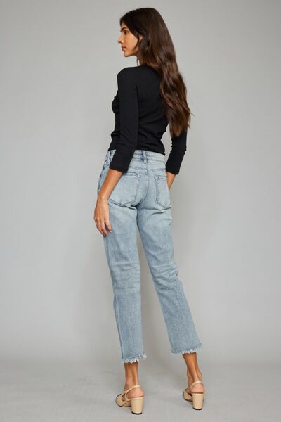 Kancan High Waist Button Fly Raw Hem Cropped Straight Jeans-2