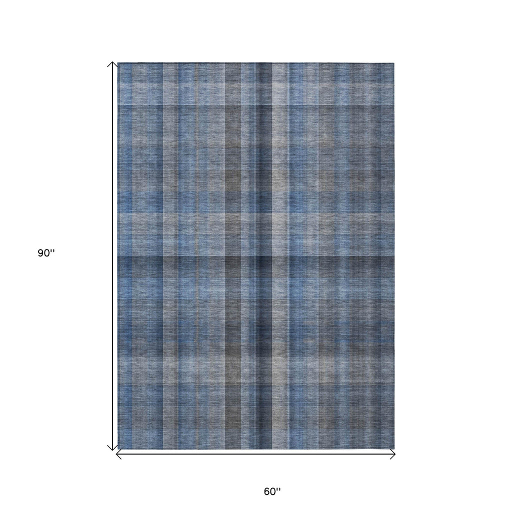 5' X 8' Blue Plaid Washable Non Skid Indoor Outdoor Area Rug