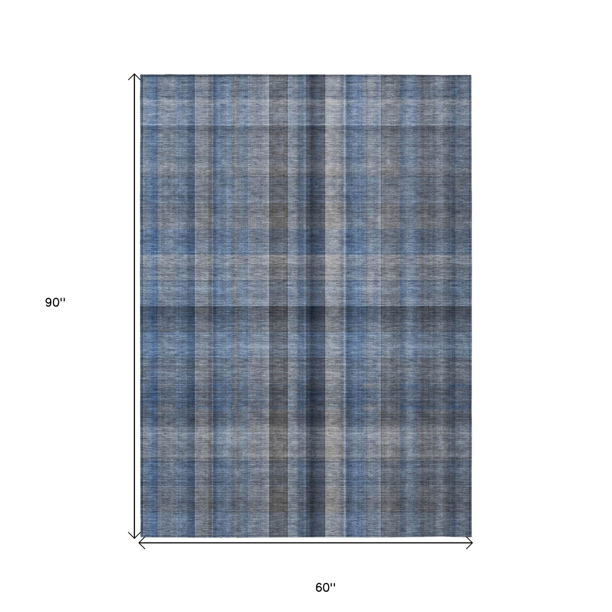 5' X 8' Blue Plaid Washable Non Skid Indoor Outdoor Area Rug