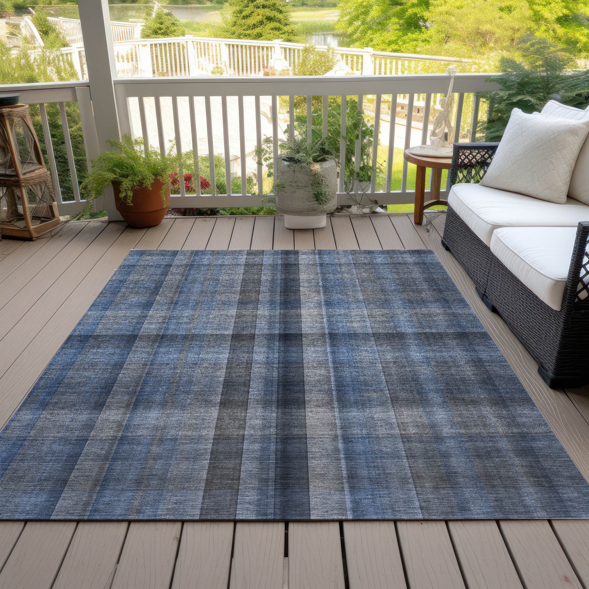 5' X 8' Blue Plaid Washable Non Skid Indoor Outdoor Area Rug