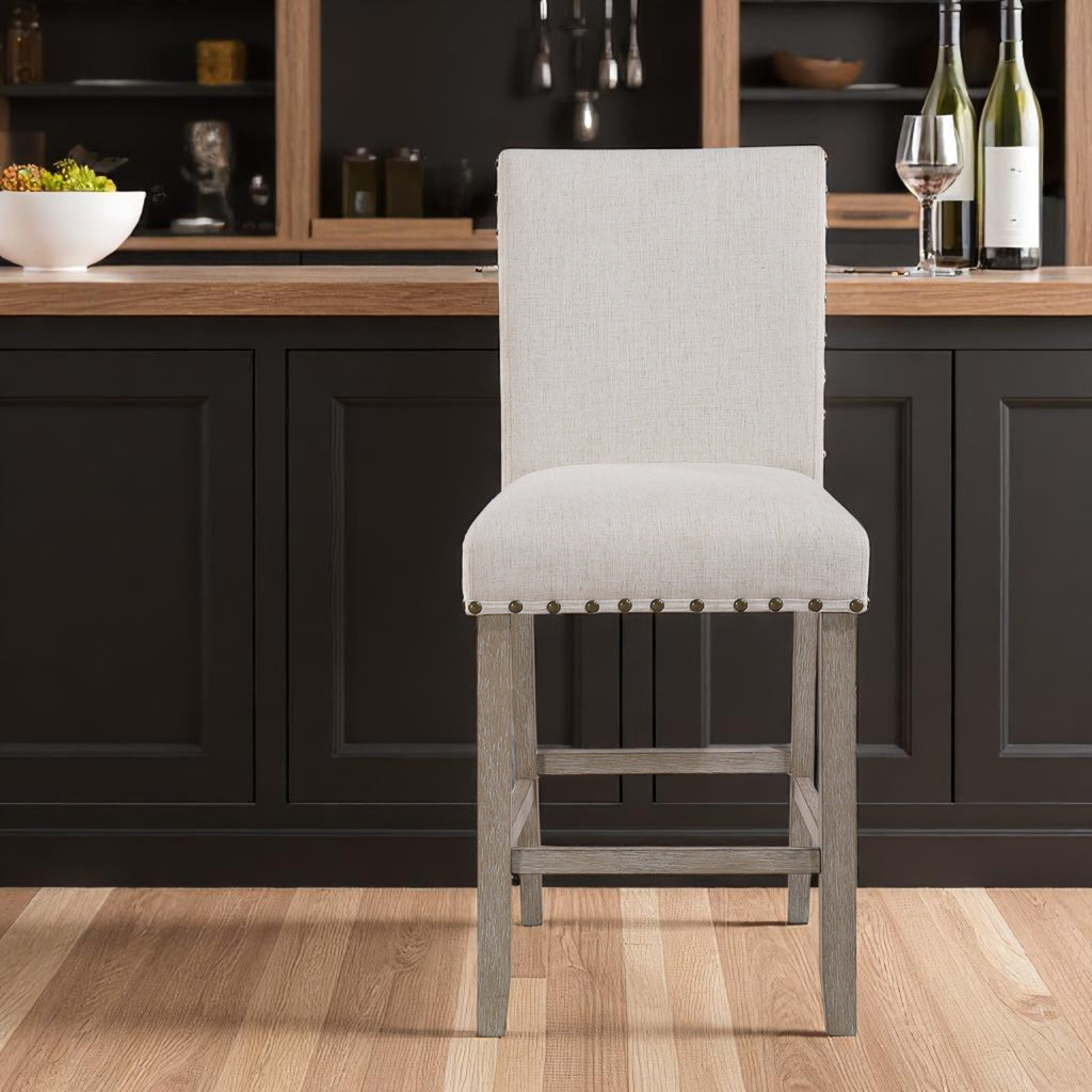 26" White and Natural Wood and Fabric Counter Height Bar Chair