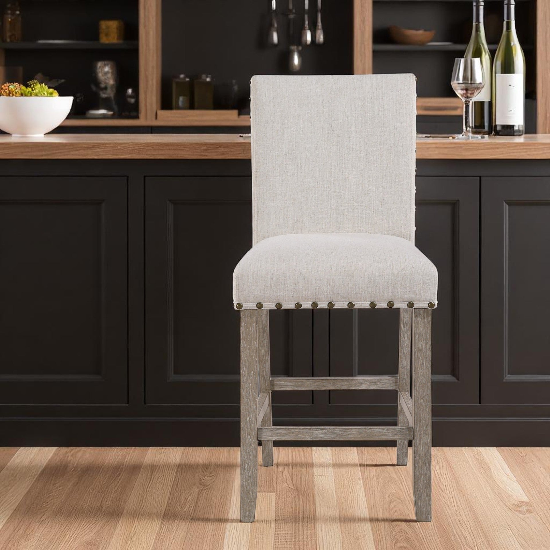 26" White and Natural Wood and Fabric Counter Height Bar Chair