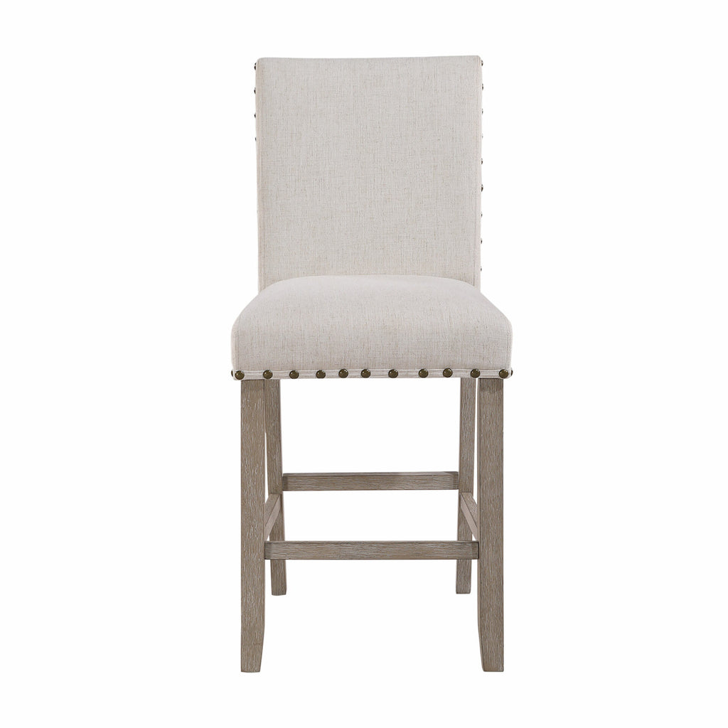 26" White and Natural Wood and Fabric Counter Height Bar Chair