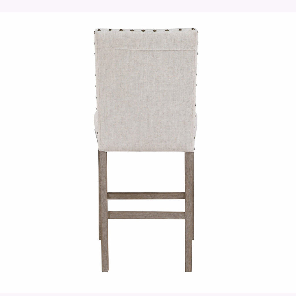 26" White and Natural Wood and Fabric Counter Height Bar Chair