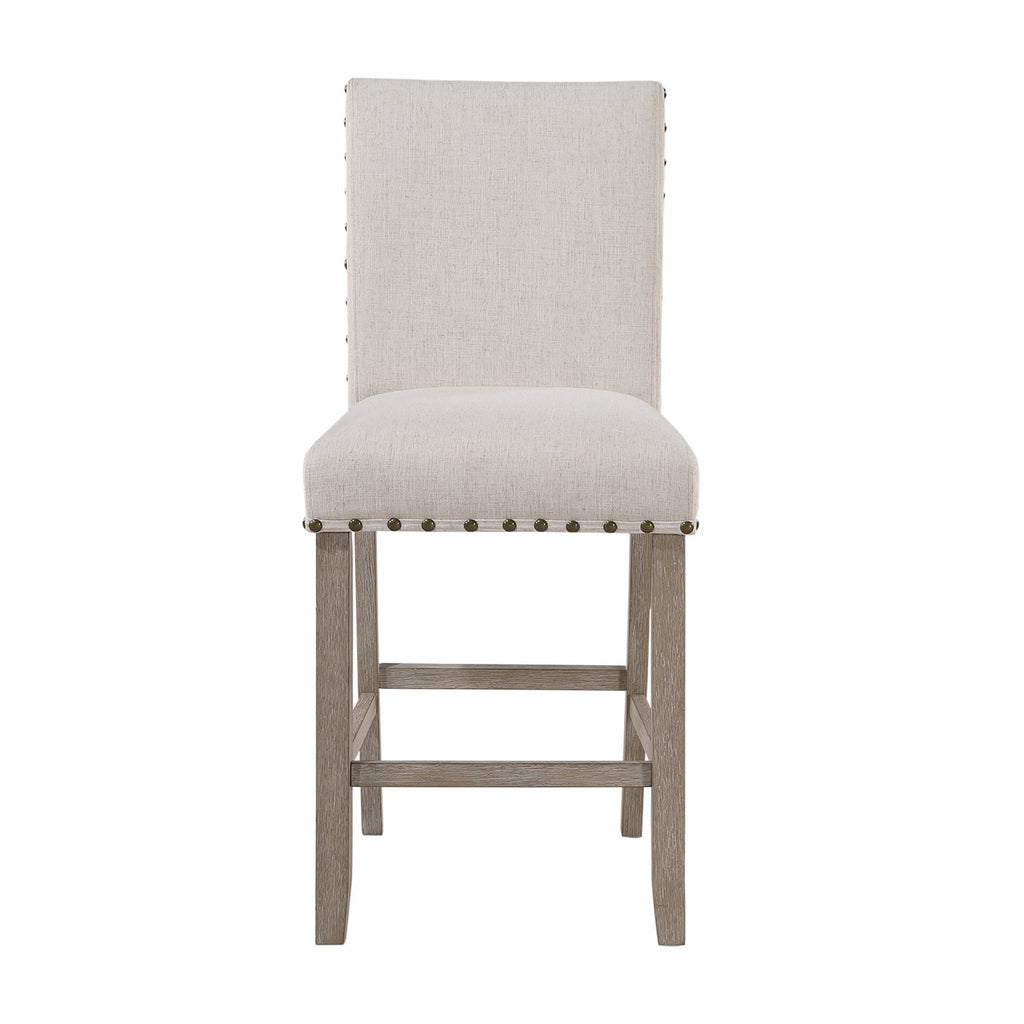 26" White and Natural Wood and Fabric Counter Height Bar Chair