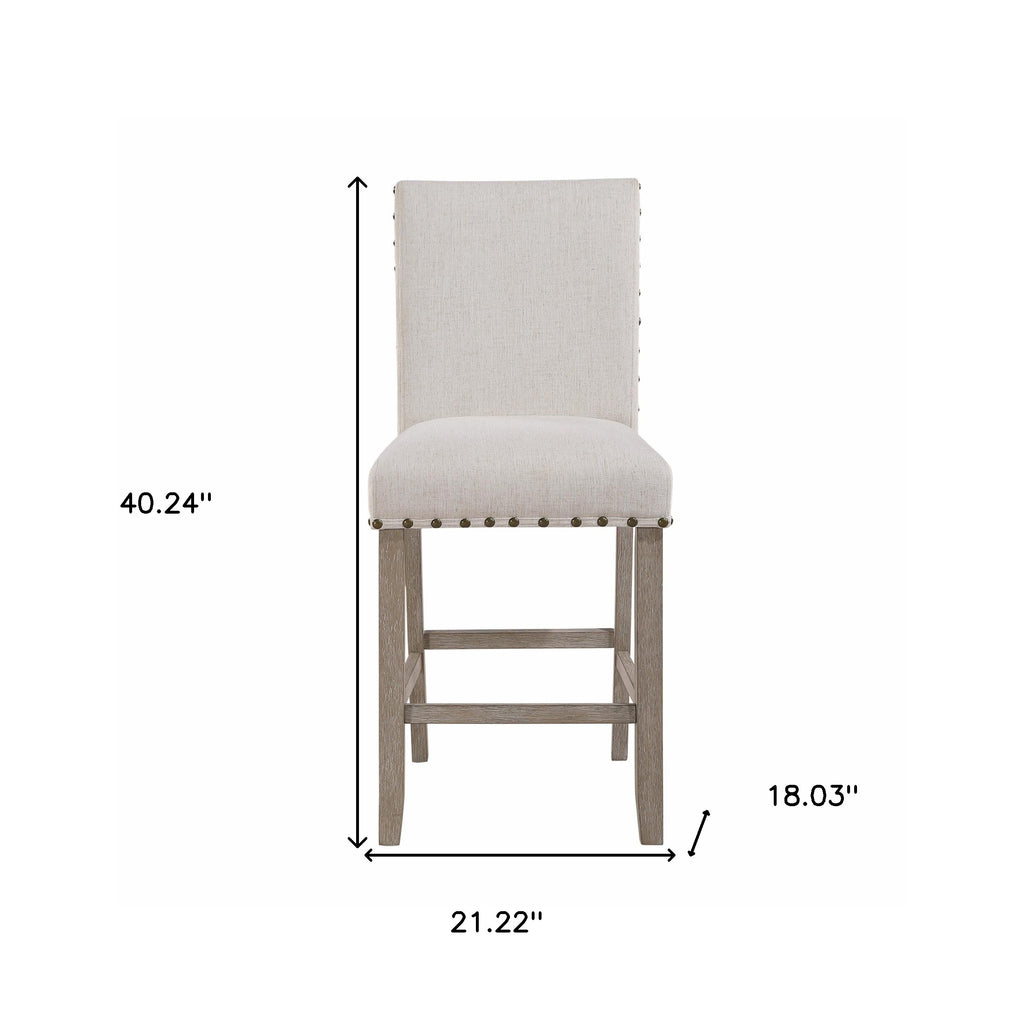 26" White and Natural Wood and Fabric Counter Height Bar Chair