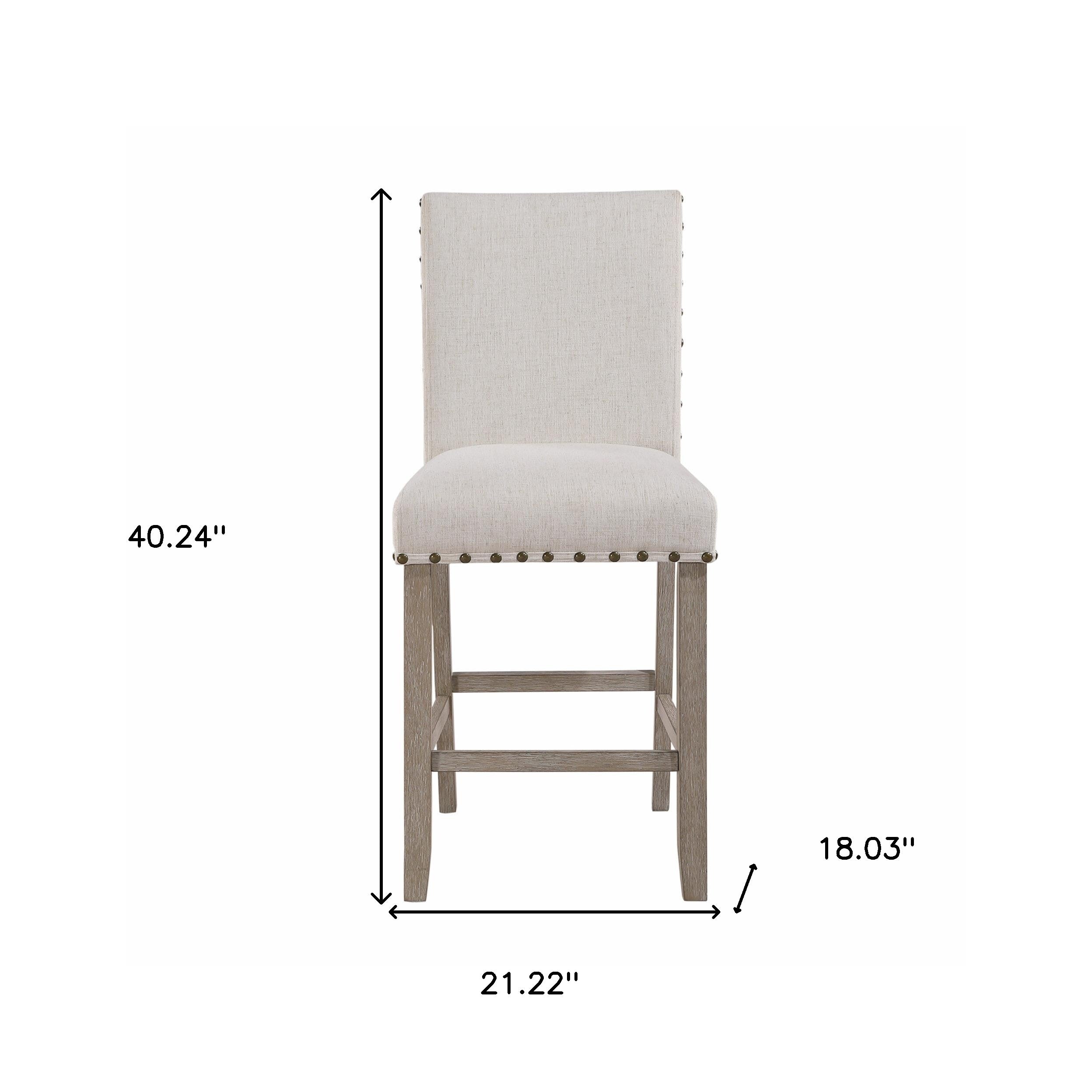 26" White and Natural Wood and Fabric Counter Height Bar Chair