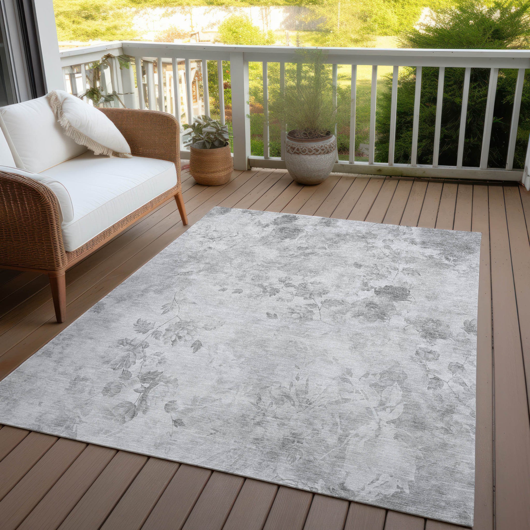 9' X 12' Gray Charcoal And Silver Floral Washable Indoor Outdoor Area Rug