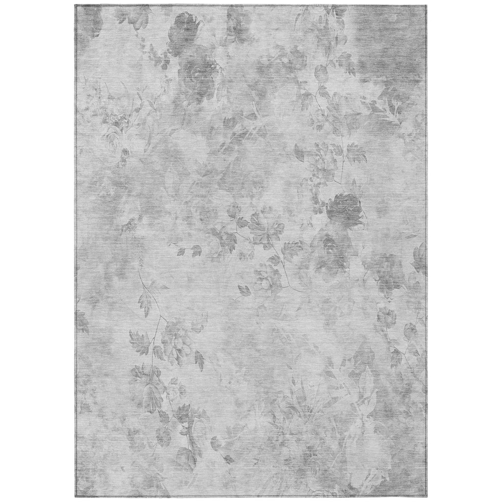 9' X 12' Gray Charcoal And Silver Floral Washable Indoor Outdoor Area Rug