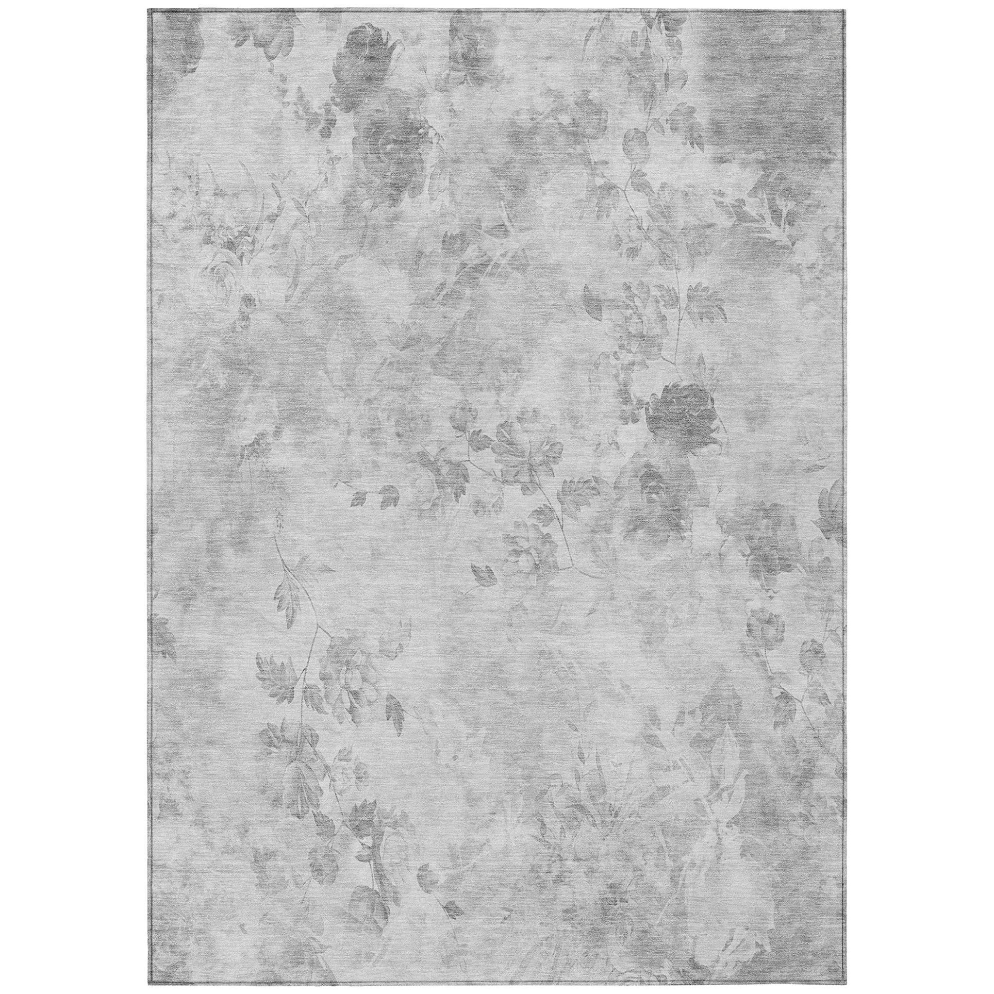 9' X 12' Gray Charcoal And Silver Floral Washable Indoor Outdoor Area Rug