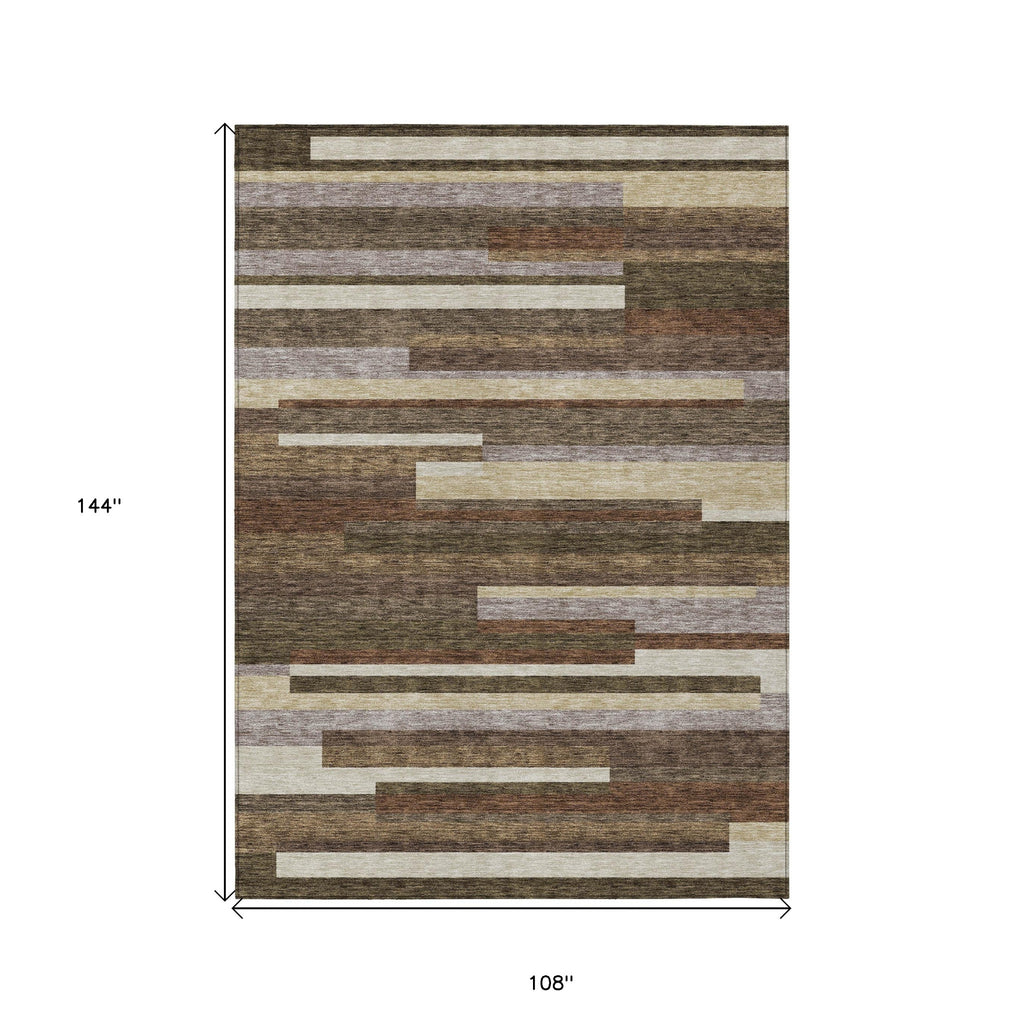 9' X 12' Brown Beige And Copper Striped Washable Indoor Outdoor Area Rug