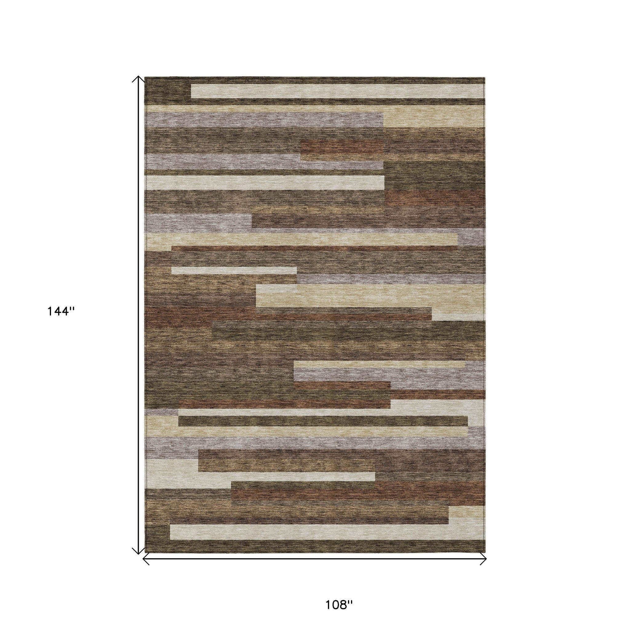 9' X 12' Brown Beige And Copper Striped Washable Indoor Outdoor Area Rug