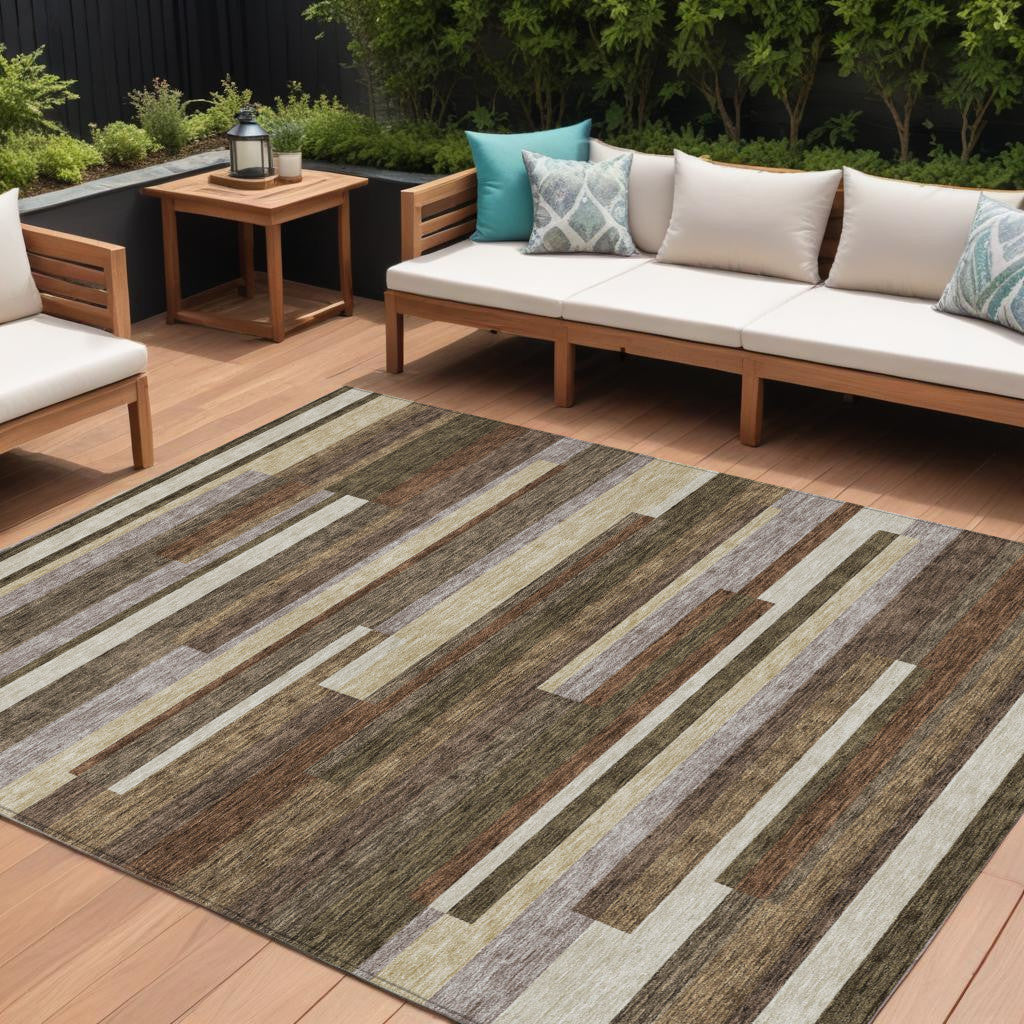 9' X 12' Brown Beige And Copper Striped Washable Indoor Outdoor Area Rug