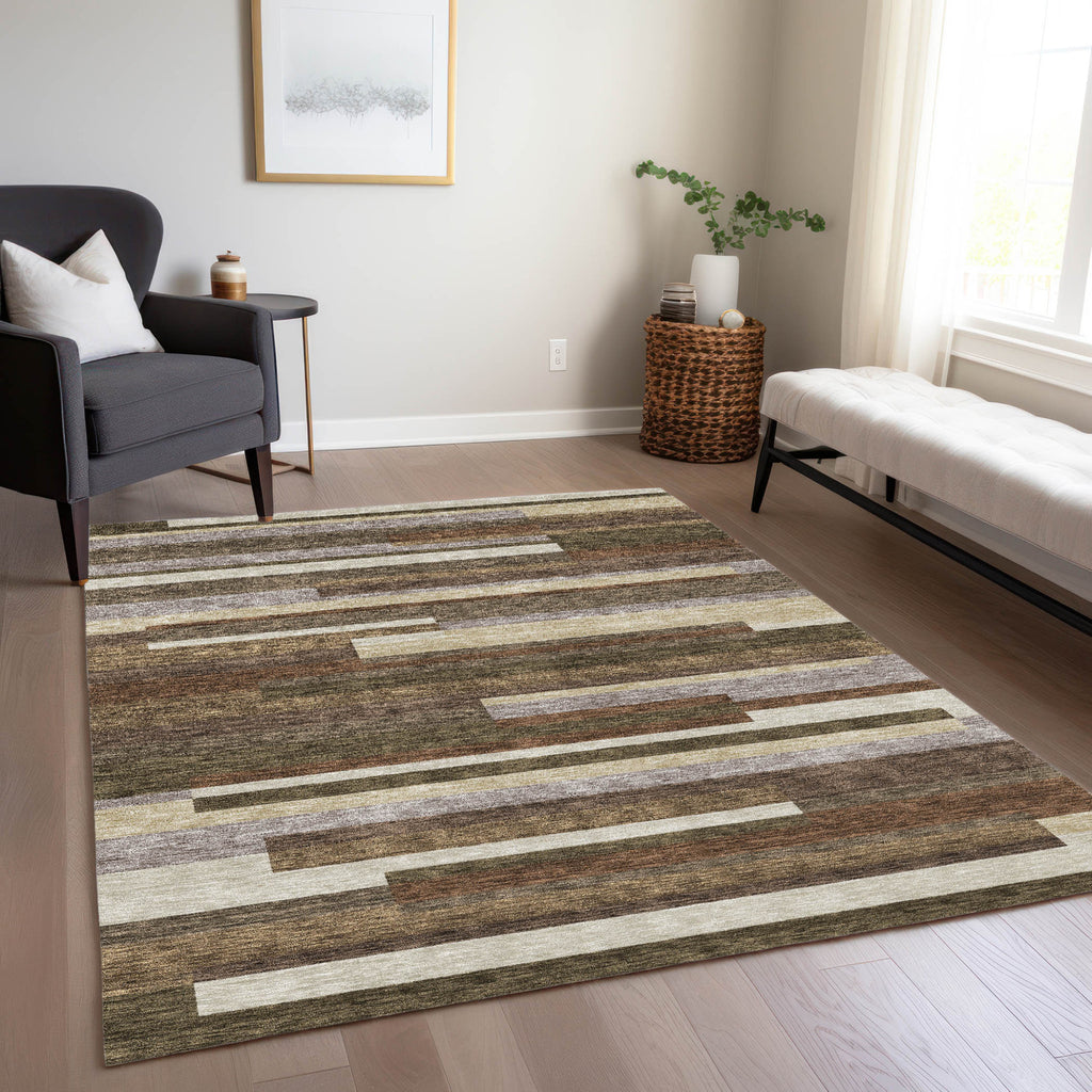 9' X 12' Brown Beige And Copper Striped Washable Indoor Outdoor Area Rug