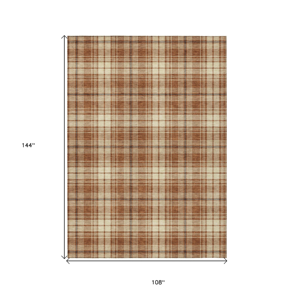 9' X 12' Brown Black And Beige Plaid Washable Indoor Outdoor Area Rug