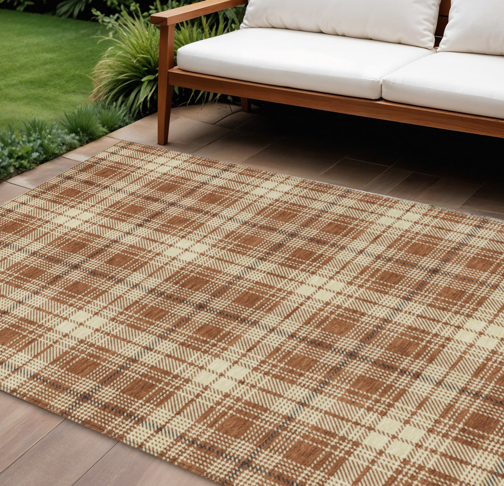 9' X 12' Brown Black And Beige Plaid Washable Indoor Outdoor Area Rug