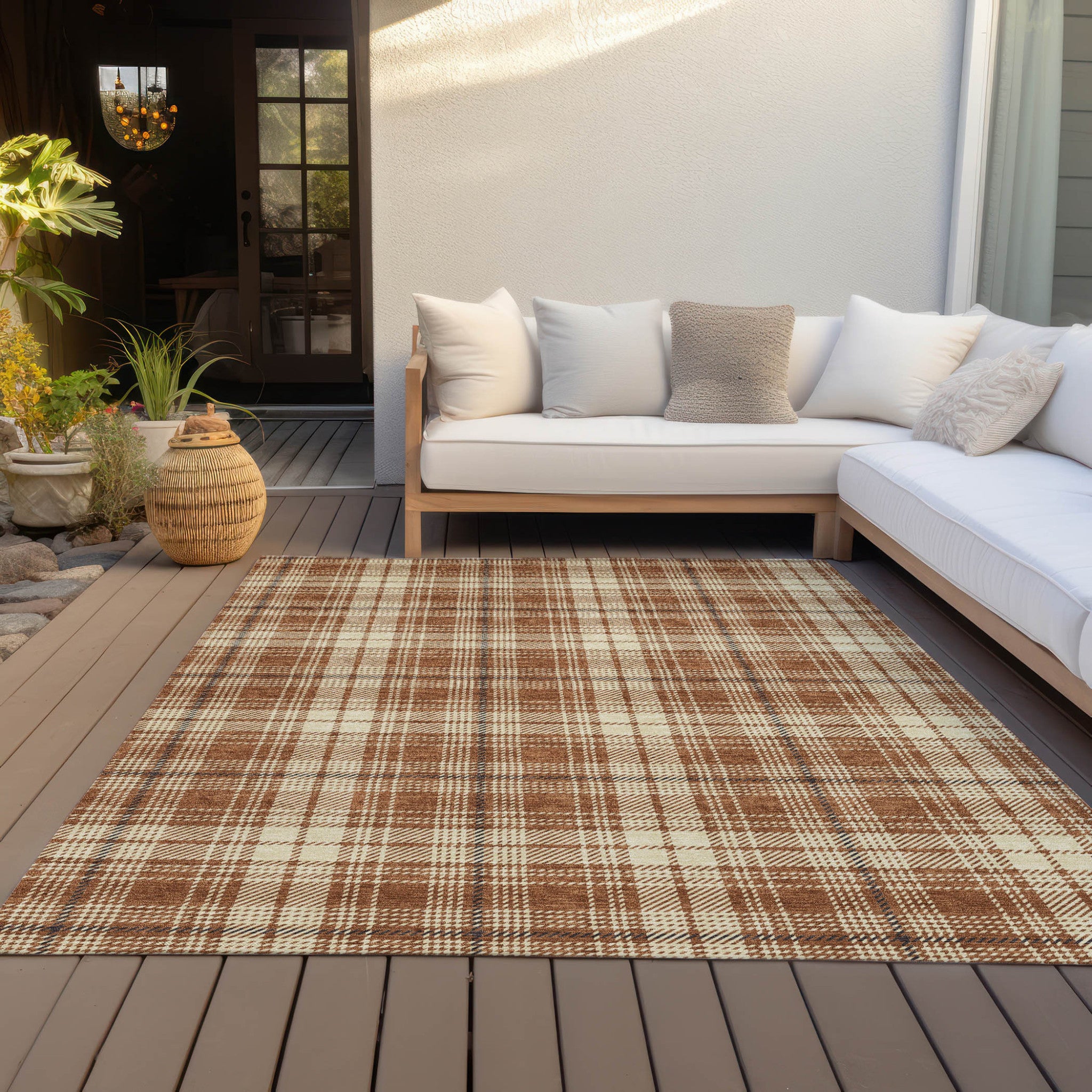 9' X 12' Brown Black And Beige Plaid Washable Indoor Outdoor Area Rug