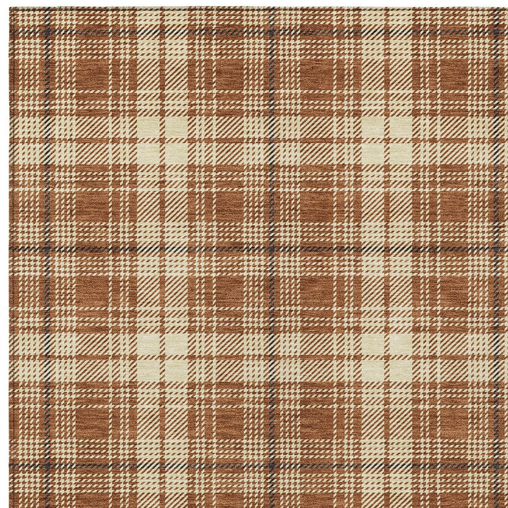 9' X 12' Brown Black And Beige Plaid Washable Indoor Outdoor Area Rug