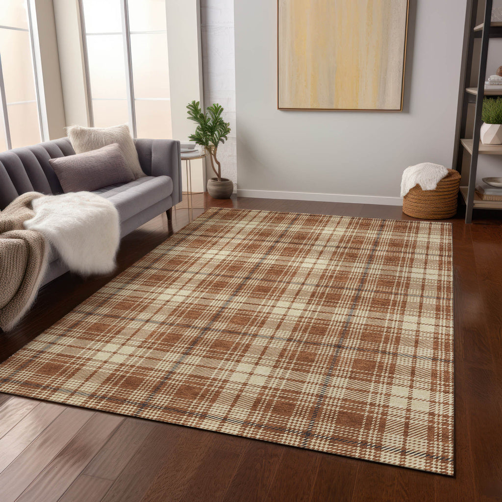 9' X 12' Brown Black And Beige Plaid Washable Indoor Outdoor Area Rug