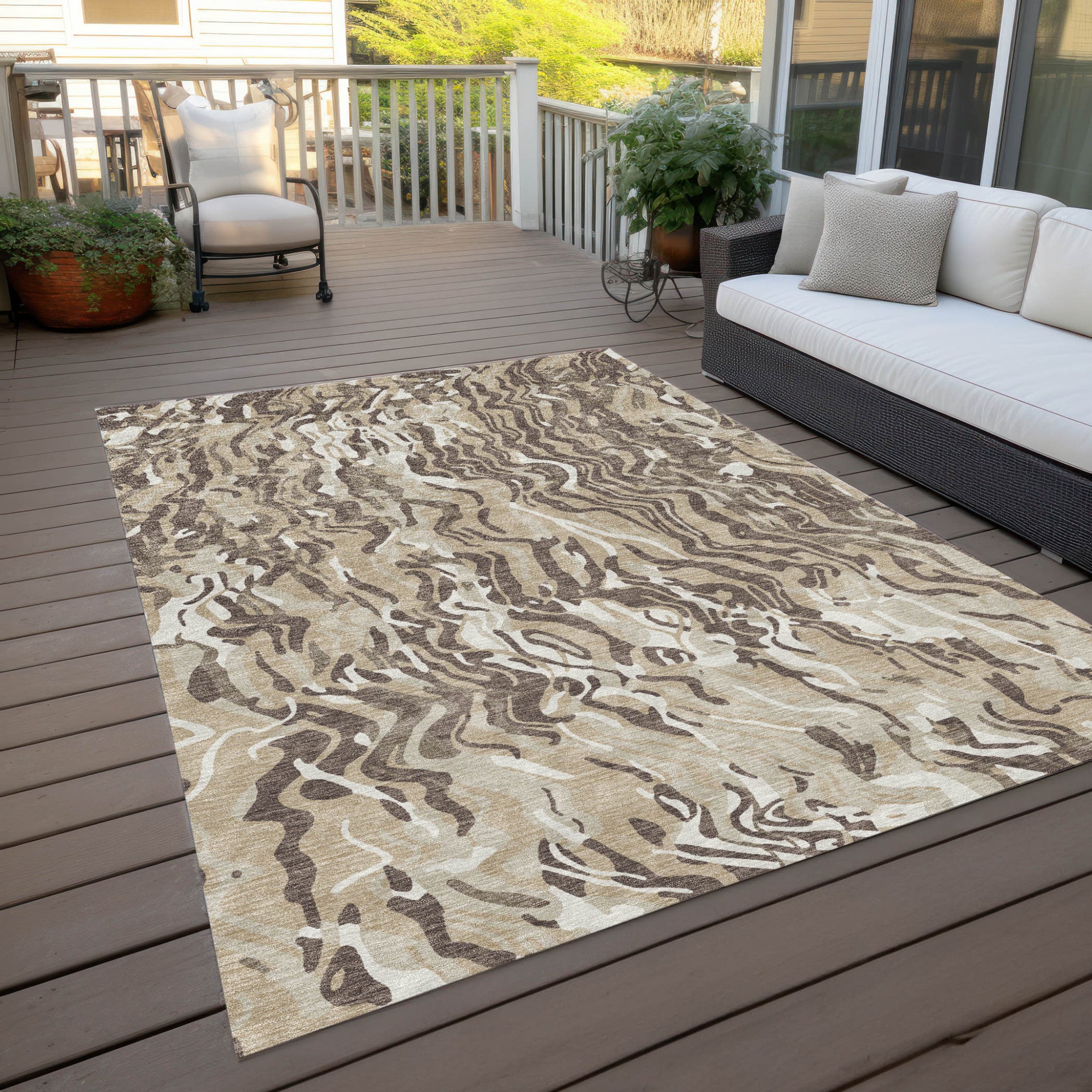 9' X 12' Beige Brown And Ivory Abstract Washable Indoor Outdoor Area Rug