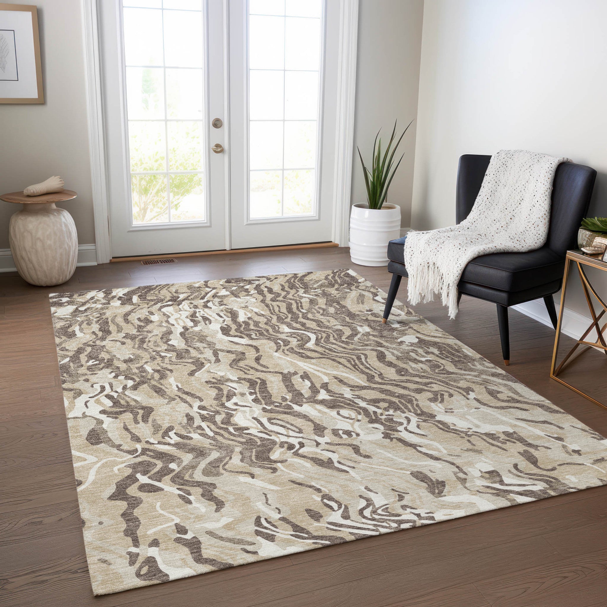 9' X 12' Beige Brown And Ivory Abstract Washable Indoor Outdoor Area Rug