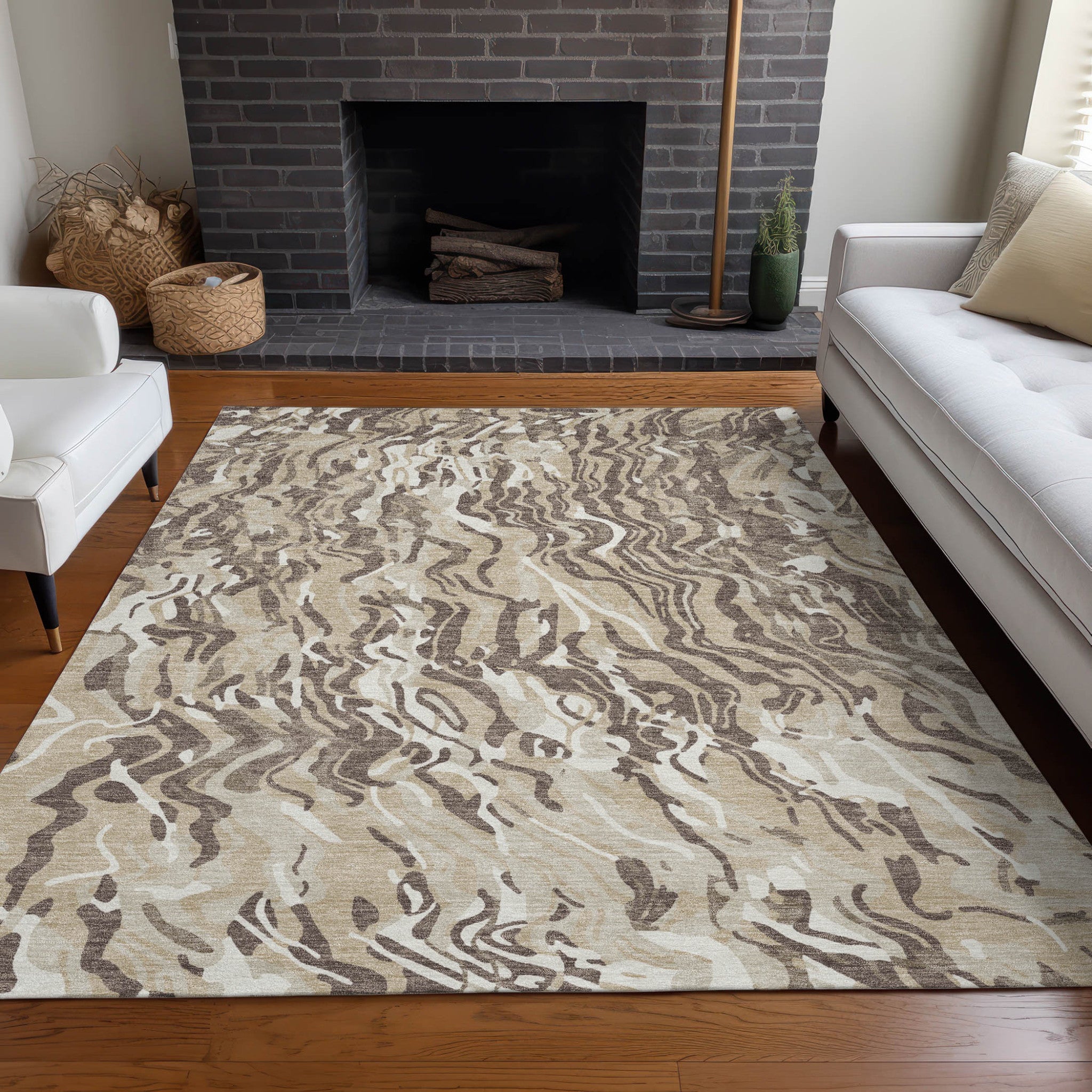 9' X 12' Beige Brown And Ivory Abstract Washable Indoor Outdoor Area Rug