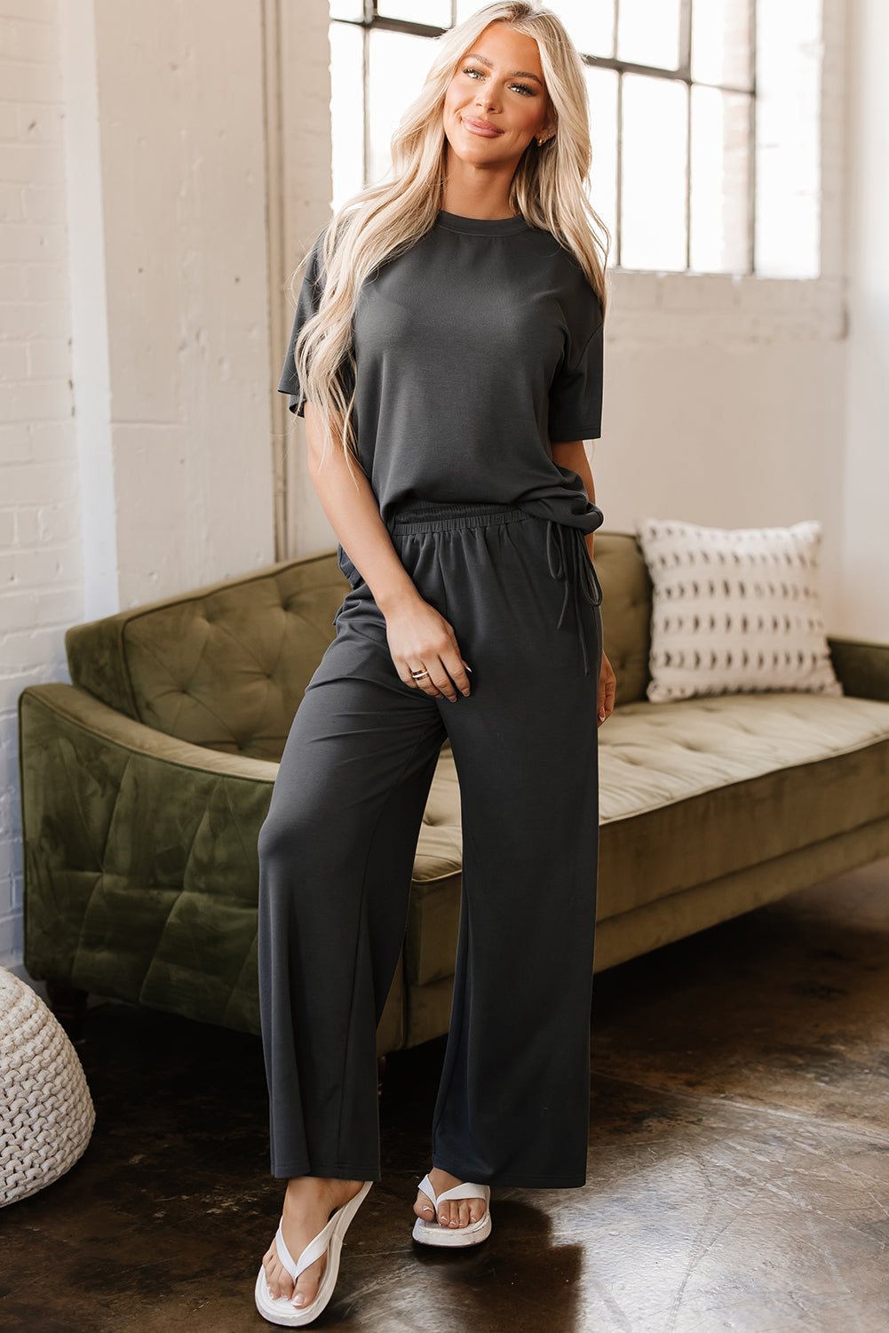 Dallas Drawstring Side Crewneck Tee and Loose Pants Set-0