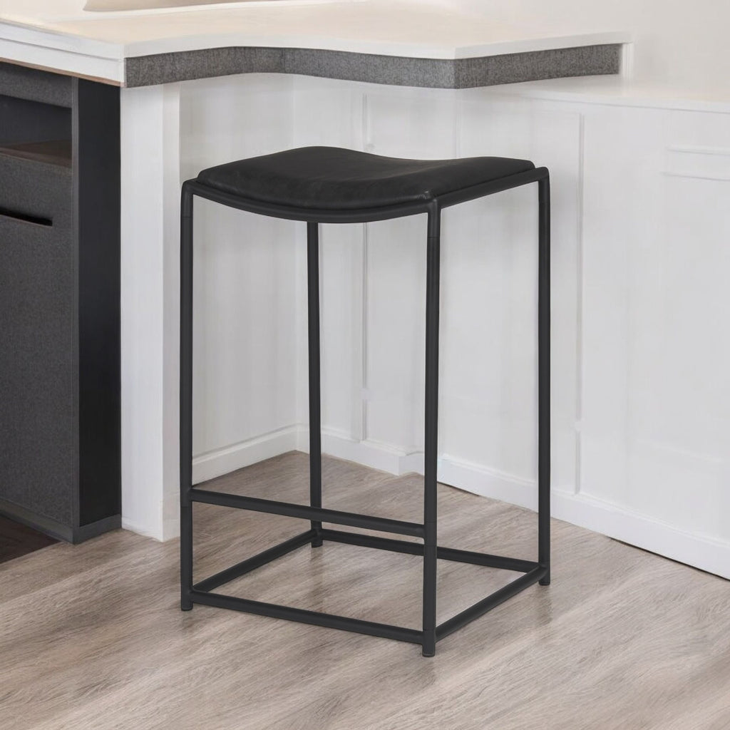 Black Genuine Leather and Iron Backless Counter Height Bar Chair
