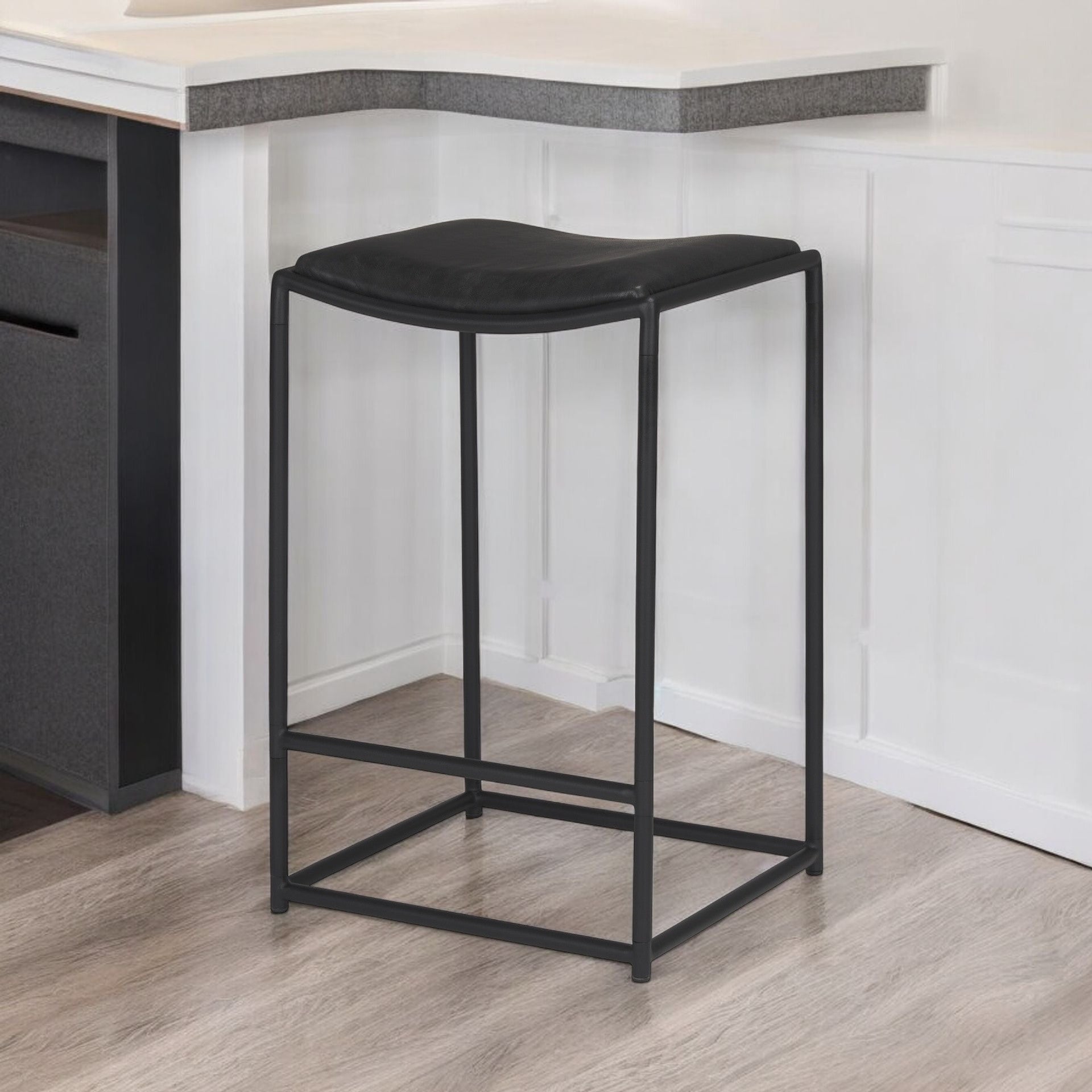 Black Genuine Leather and Iron Backless Counter Height Bar Chair