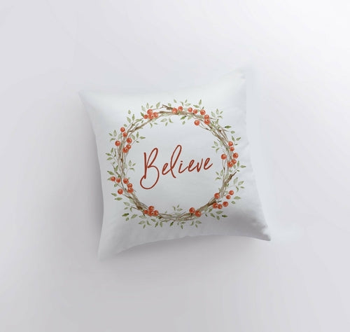 Believe with Berry Wreath Christmas Throw Pillow | Room Decor | Home