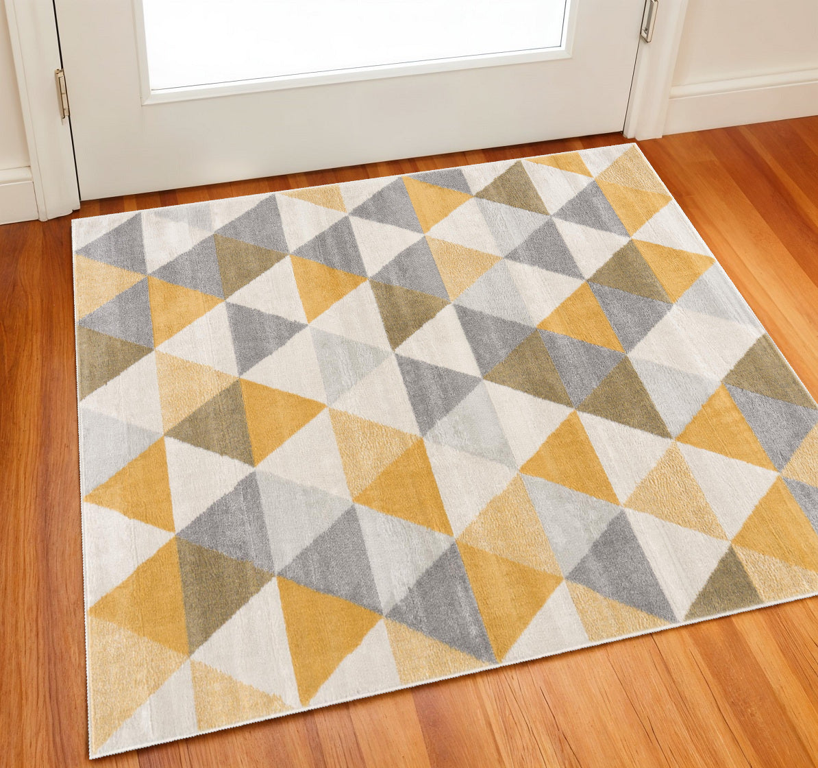 2' X 2' Beige Gray And Yellow Geometric Square Rug