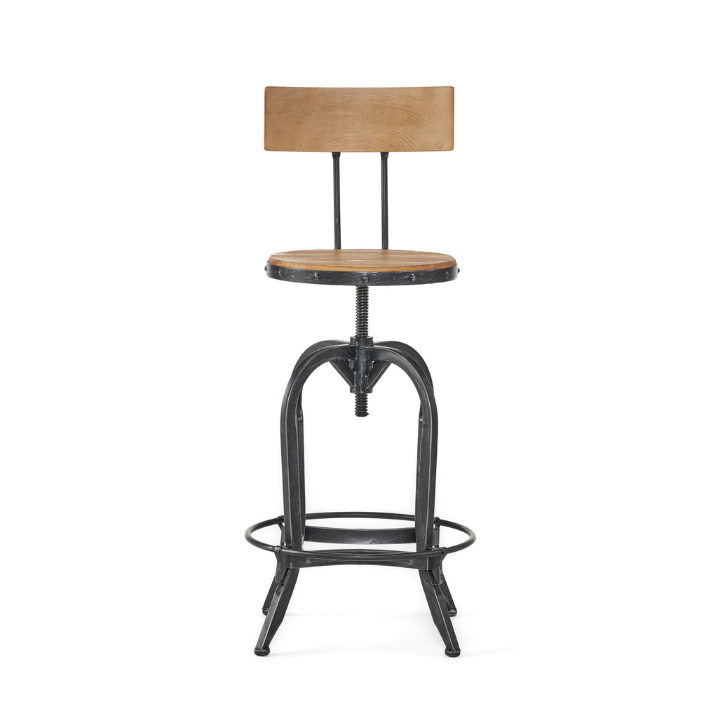 Natural and Black Wood and Metal Low Back Adjustable Height Swivel Bar Chair