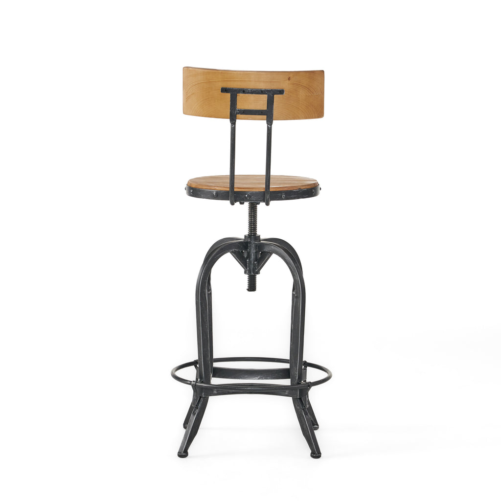 Natural and Black Wood and Metal Low Back Adjustable Height Swivel Bar Chair
