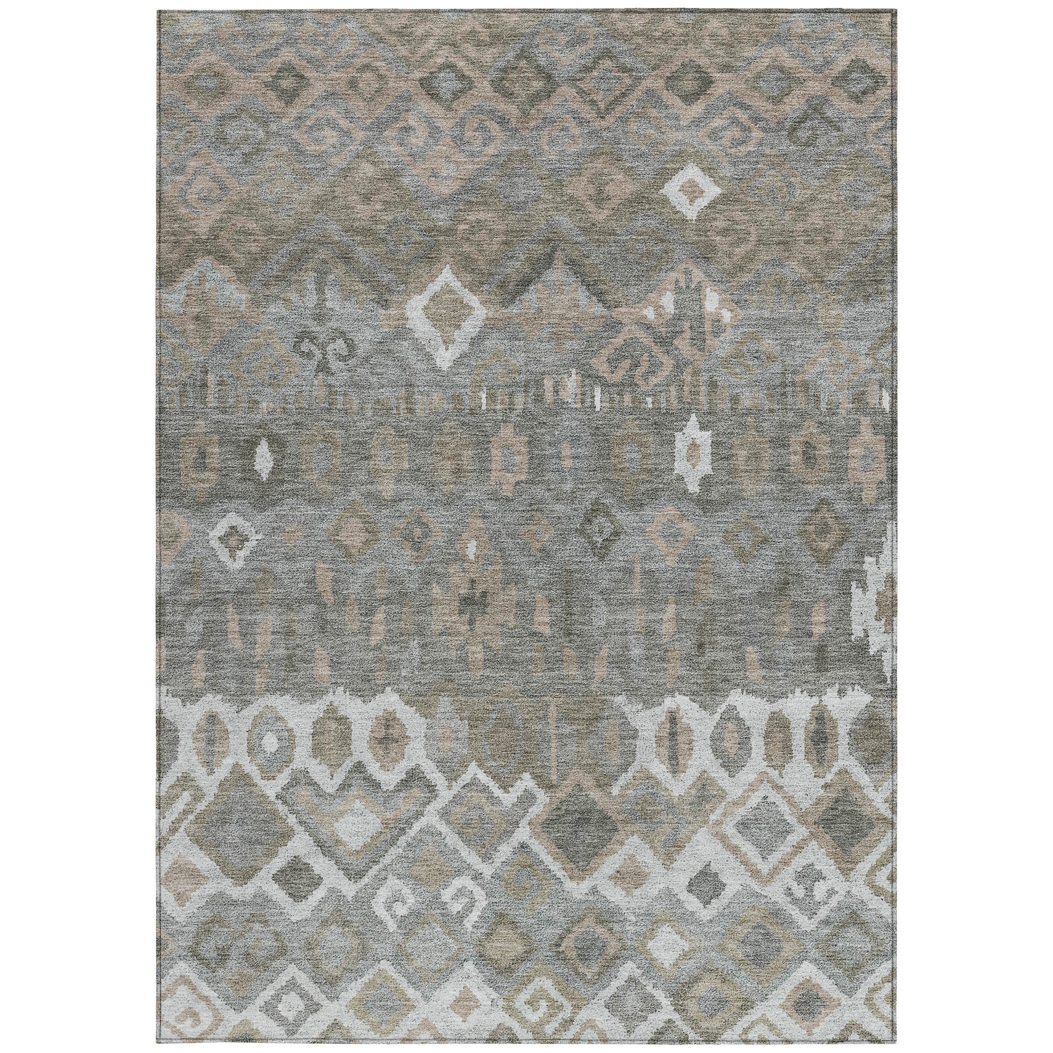 8' X 10' Pewter Ivory And Tan Geometric Washable Indoor Outdoor Area Rug