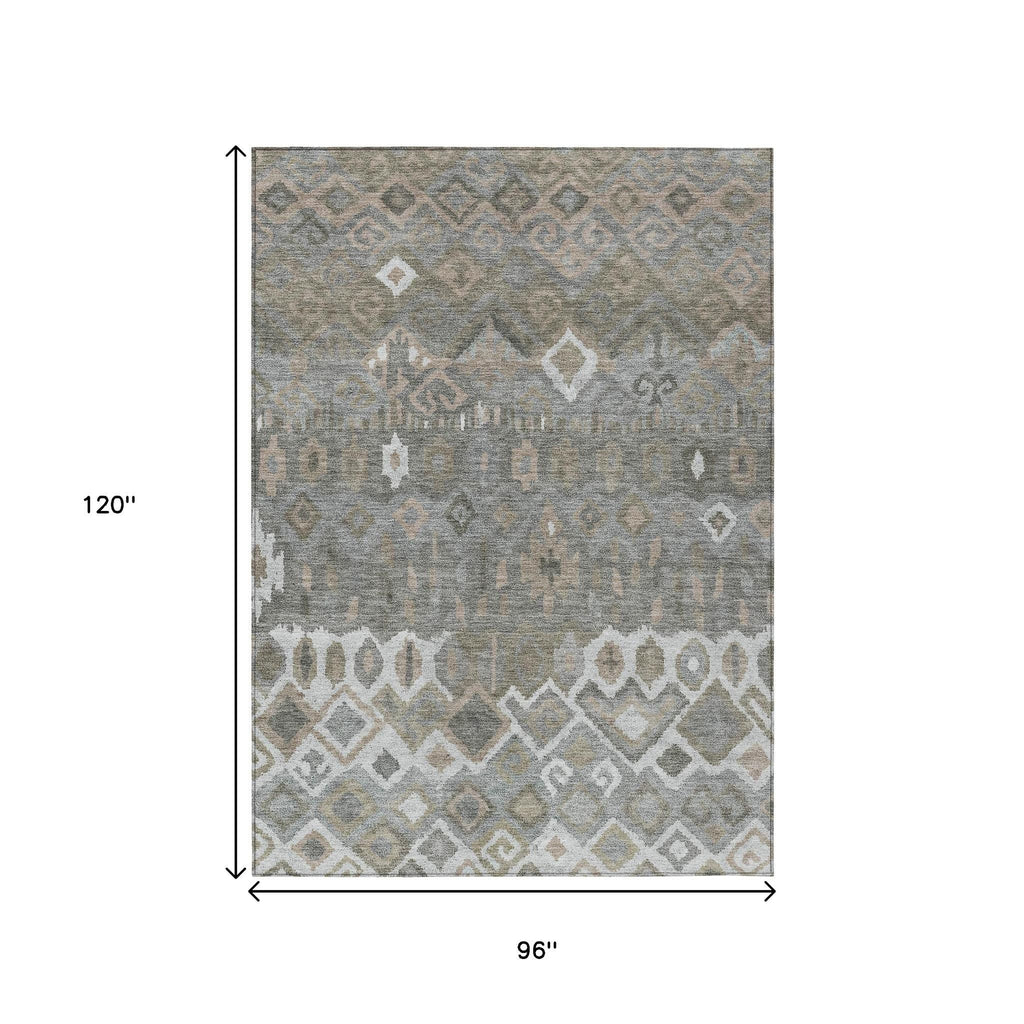 8' X 10' Pewter Ivory And Tan Geometric Washable Indoor Outdoor Area Rug