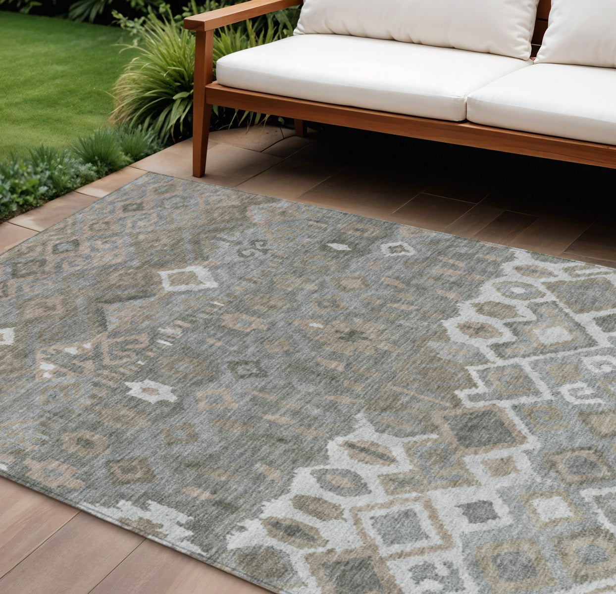 8' X 10' Pewter Ivory And Tan Geometric Washable Indoor Outdoor Area Rug