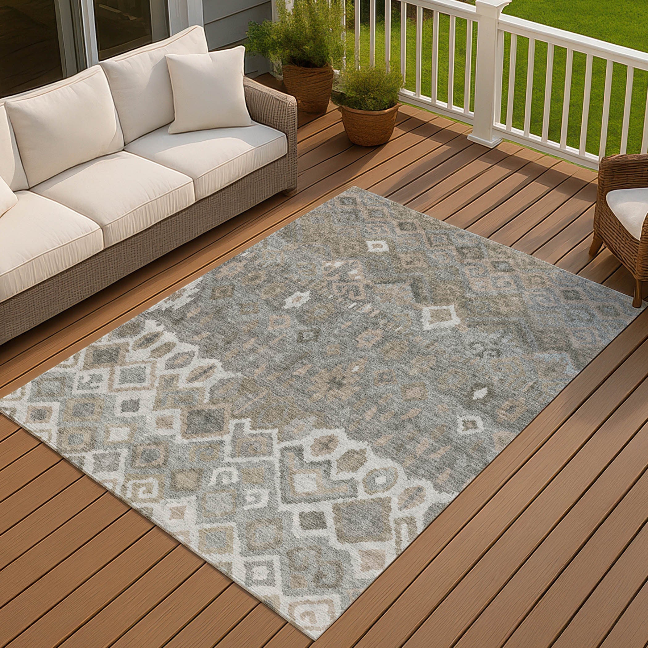 8' X 10' Pewter Ivory And Tan Geometric Washable Indoor Outdoor Area Rug