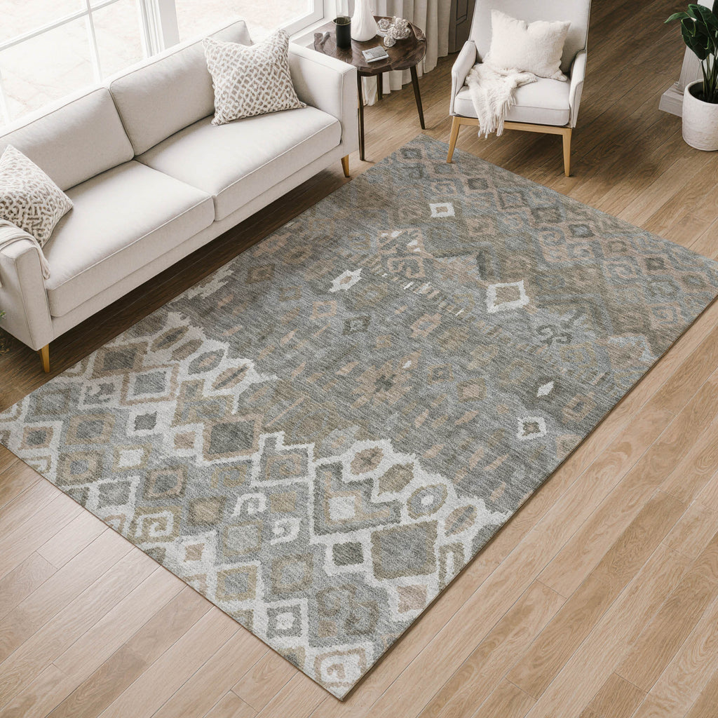 8' X 10' Pewter Ivory And Tan Geometric Washable Indoor Outdoor Area Rug