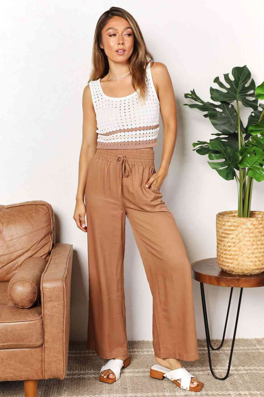 Double Take Drawstring Smocked Waist Wide Leg Pants-3