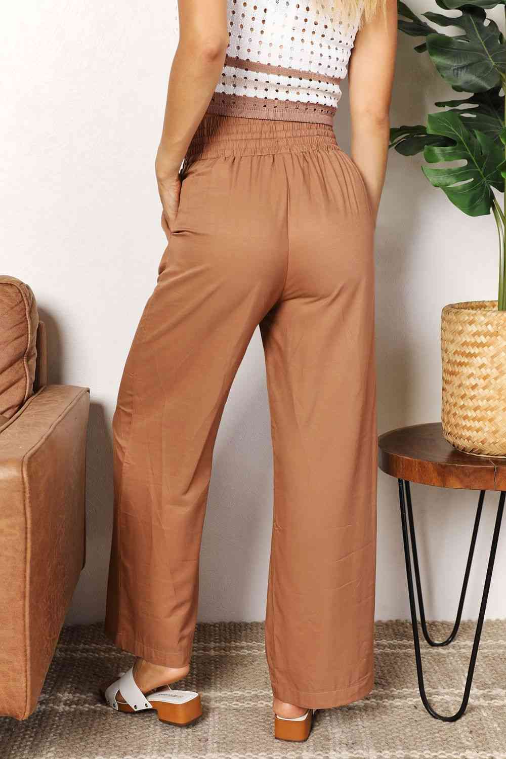 Double Take Drawstring Smocked Waist Wide Leg Pants-1