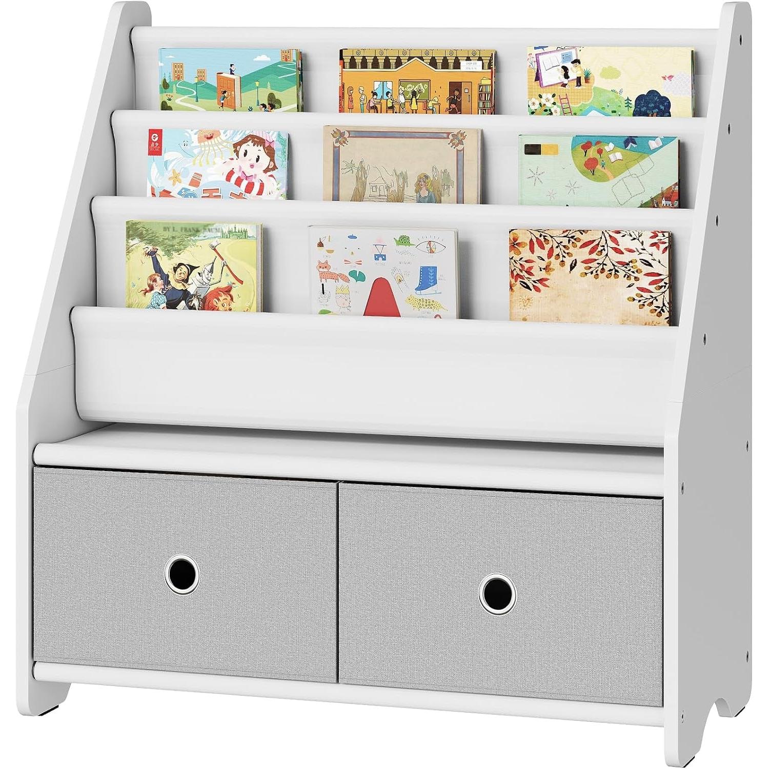 Kids Bookshelf and Toy Storage, 4 Tier Large Capacity Kids Book Rack, Sling Kids Bookcase, for Kids Room, Nursery, Playroom, White and Gray MCW06WT